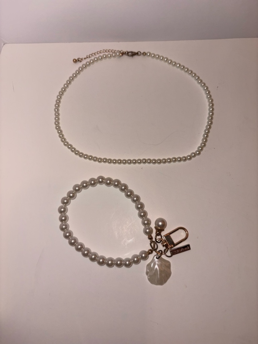 White Pearl Necklace and Bracelet Set with Gold Accents